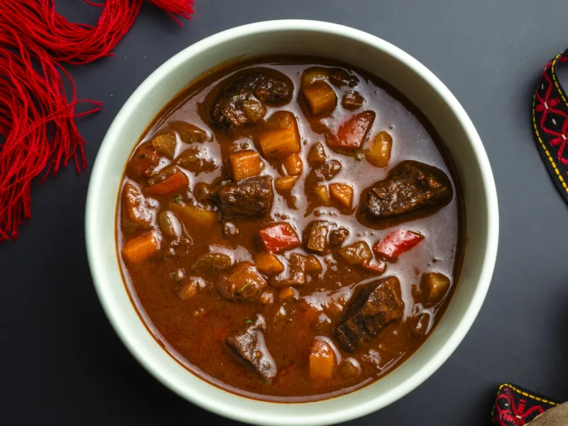 Beef goulash slow-cooked with vegetables, at Trafika