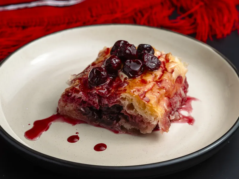 Sour cherry pie, home-made dessert at Trafika